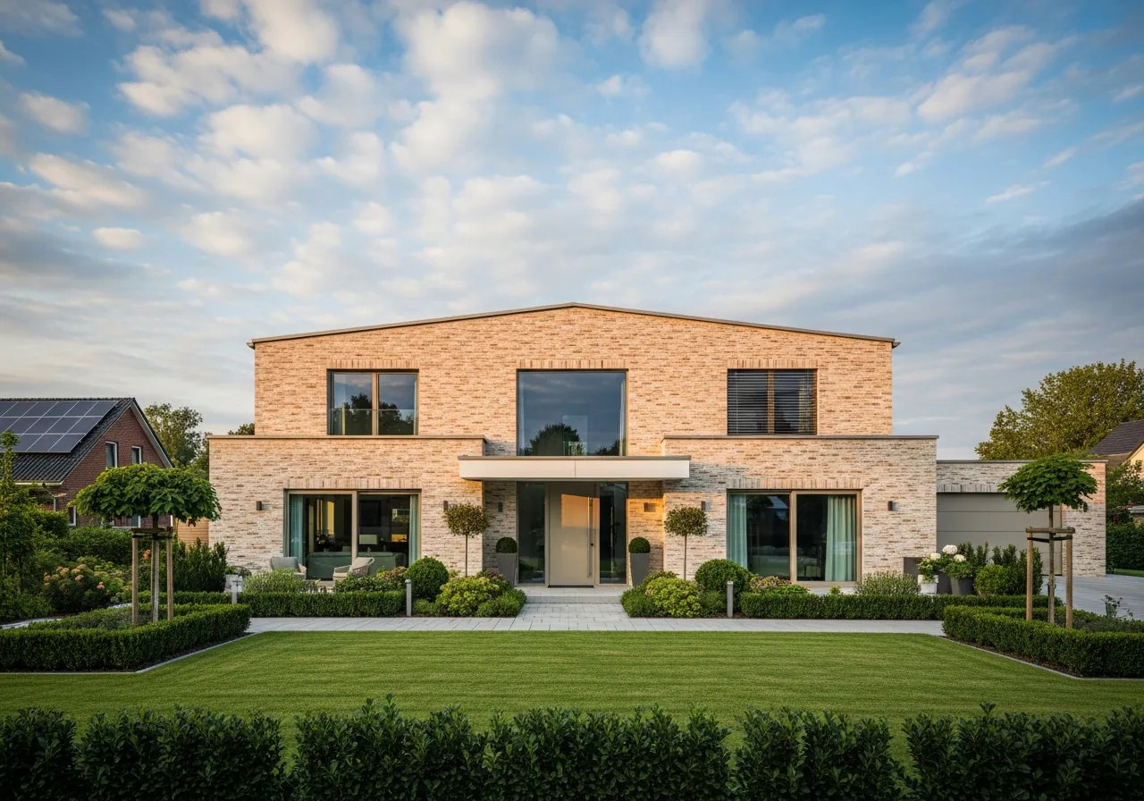 Massivhaus bauen — moderner Neubau aus Ziegel und Naturstein, schlüsselfertig zum Festpreis von Deutsche Neubau